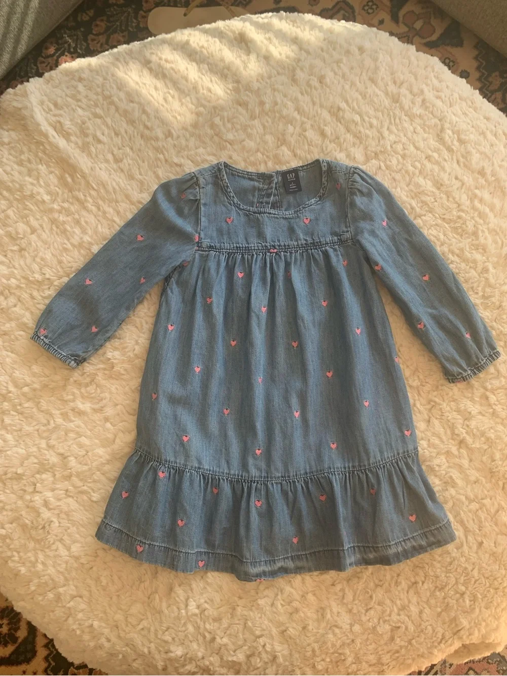 GAP Light Blue Denim Dress with Pink Heart Embroidery